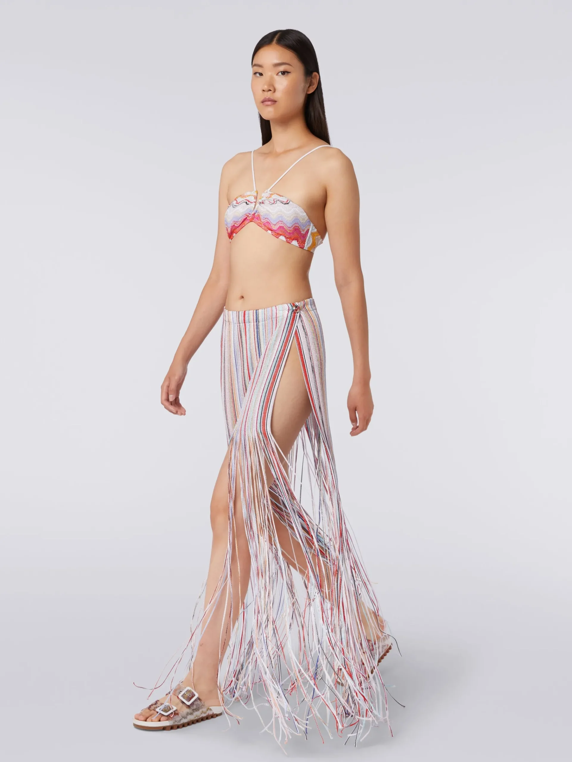 Long wrap-around skirt with fringes and lurex
