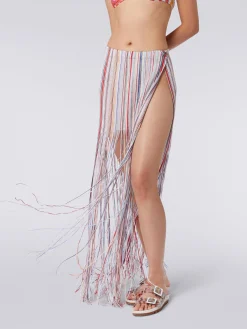 Long wrap-around skirt with fringes and lurex