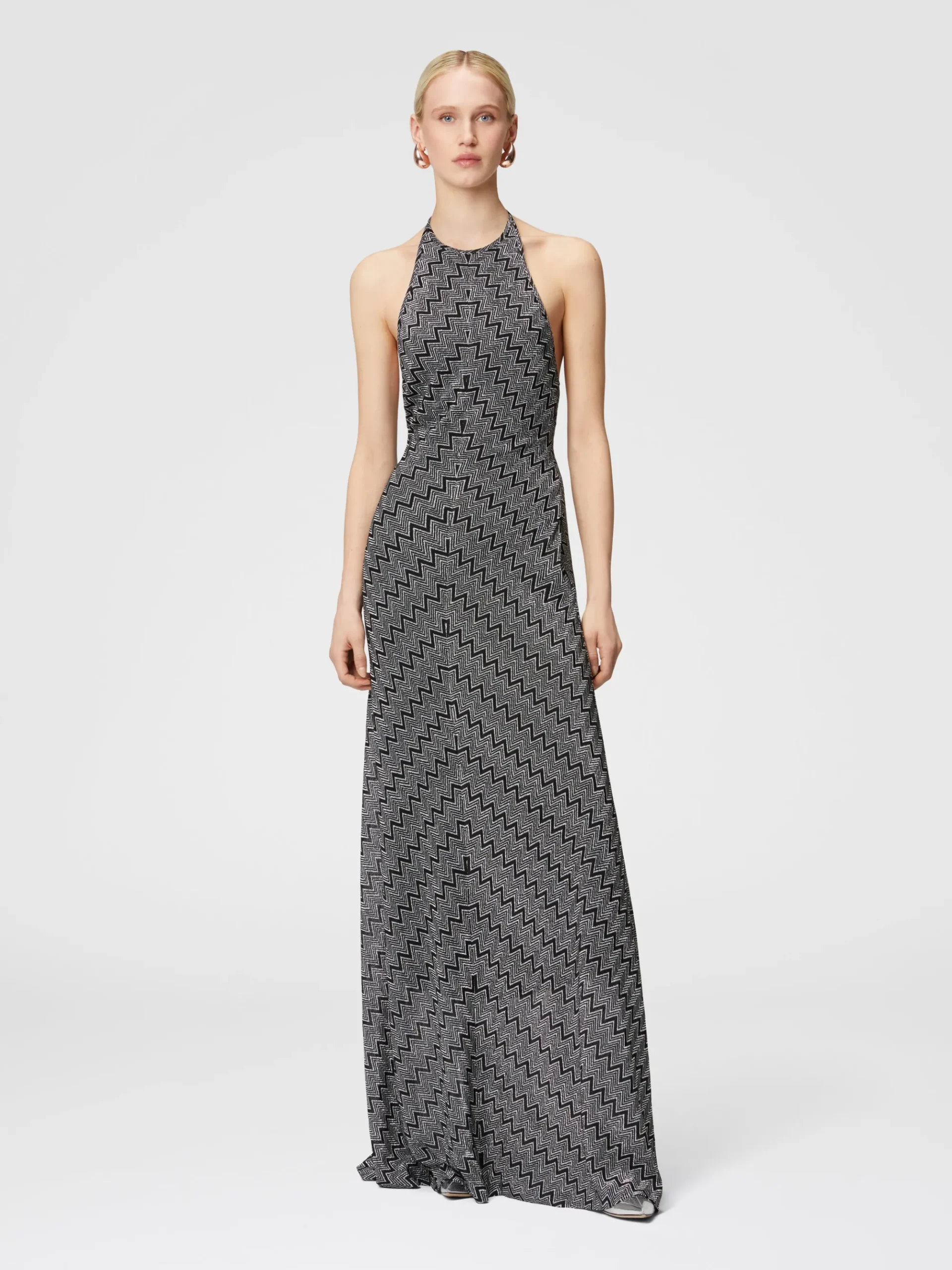 Long zigzag lamé dress with halter neckline