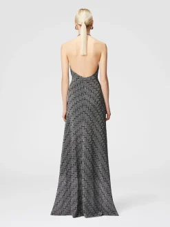 Long zigzag lamé dress with halter neckline