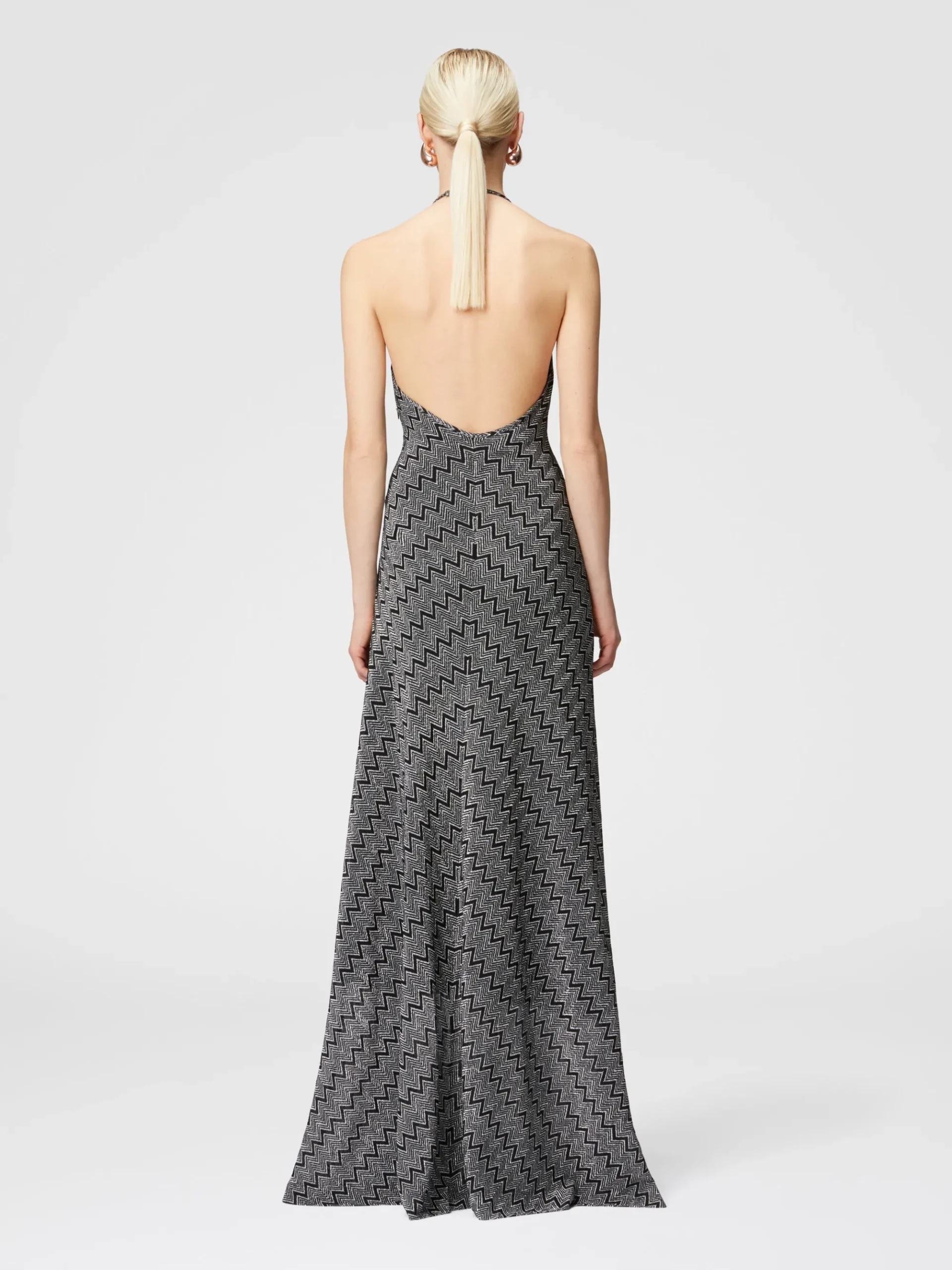 Long zigzag lamé dress with halter neckline