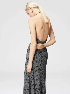 Long zigzag lamé dress with halter neckline