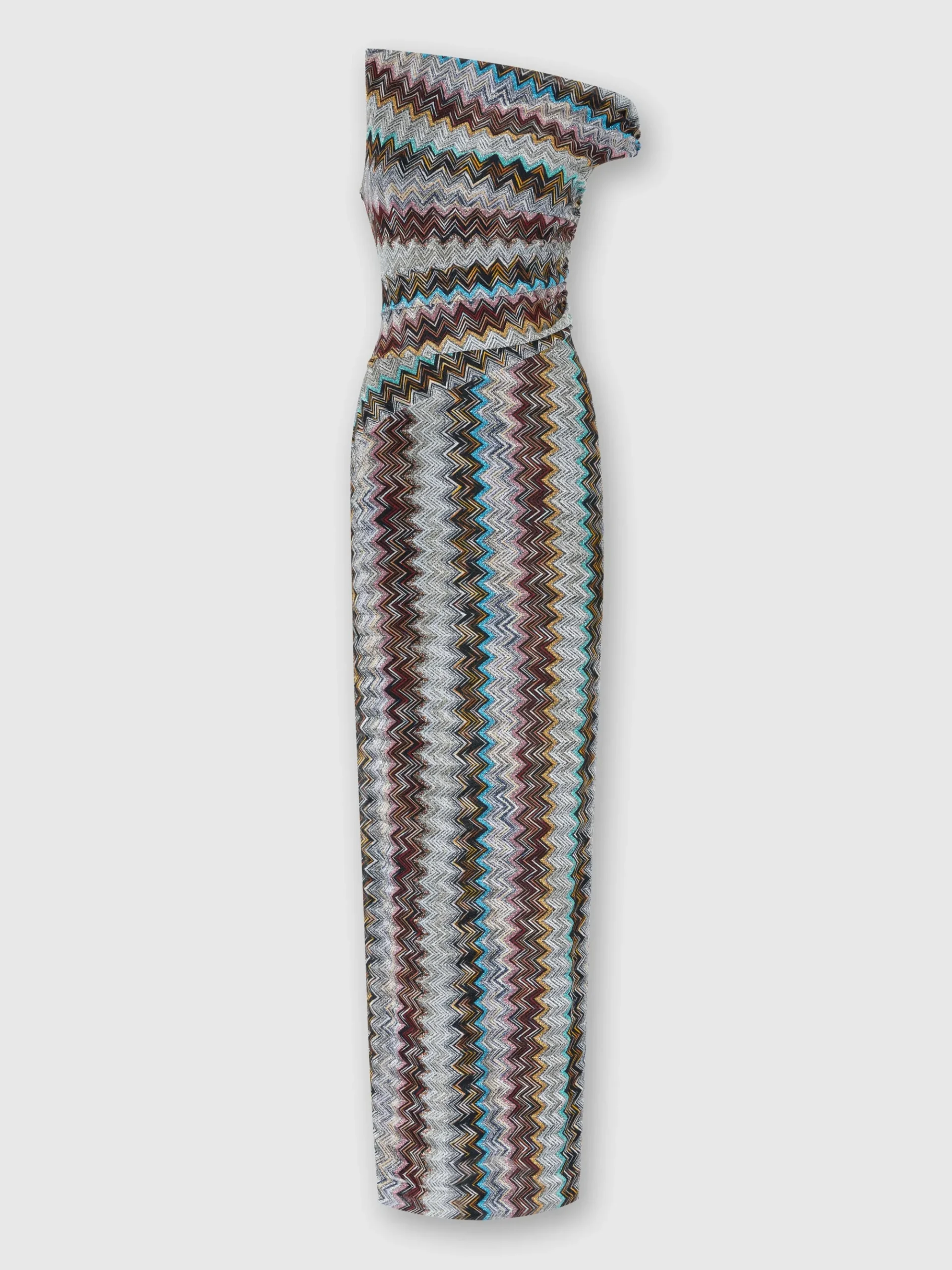 Long zigzag lamé dress with asymmetrical neckline
