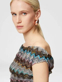 Long zigzag lamé dress with asymmetrical neckline