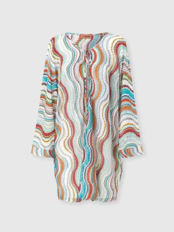 Long-sleeved cover-up kaftan with lamé wave motif