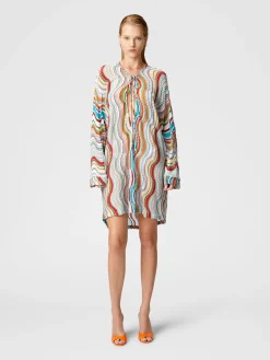 Long-sleeved cover-up kaftan with lamé wave motif