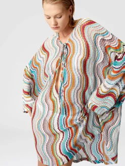Long-sleeved cover-up kaftan with lamé wave motif