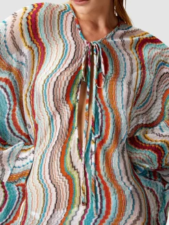 Long-sleeved cover-up kaftan with lamé wave motif