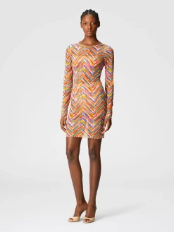 Long-sleeved dress in printed tulle