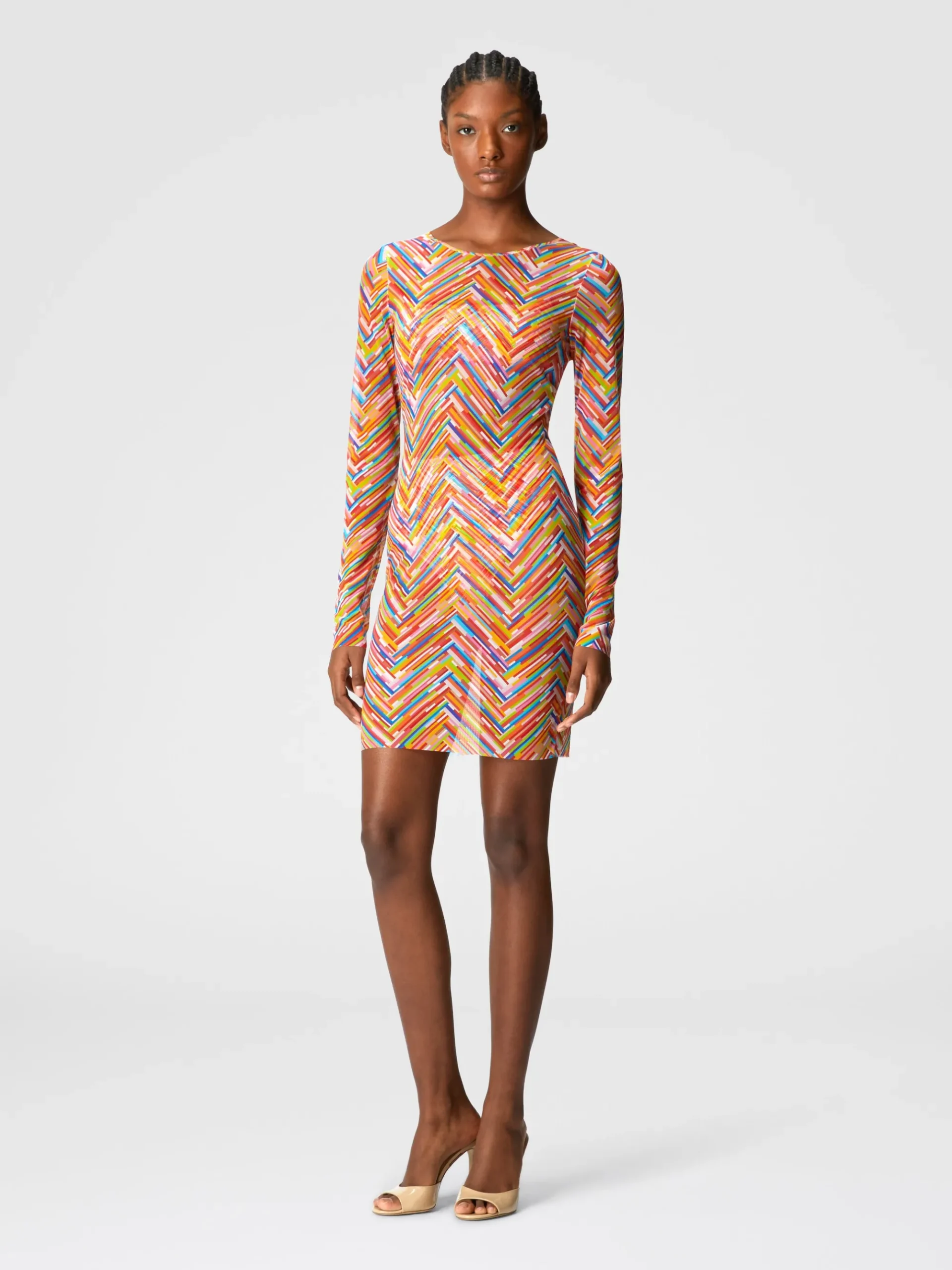 Long-sleeved dress in printed tulle