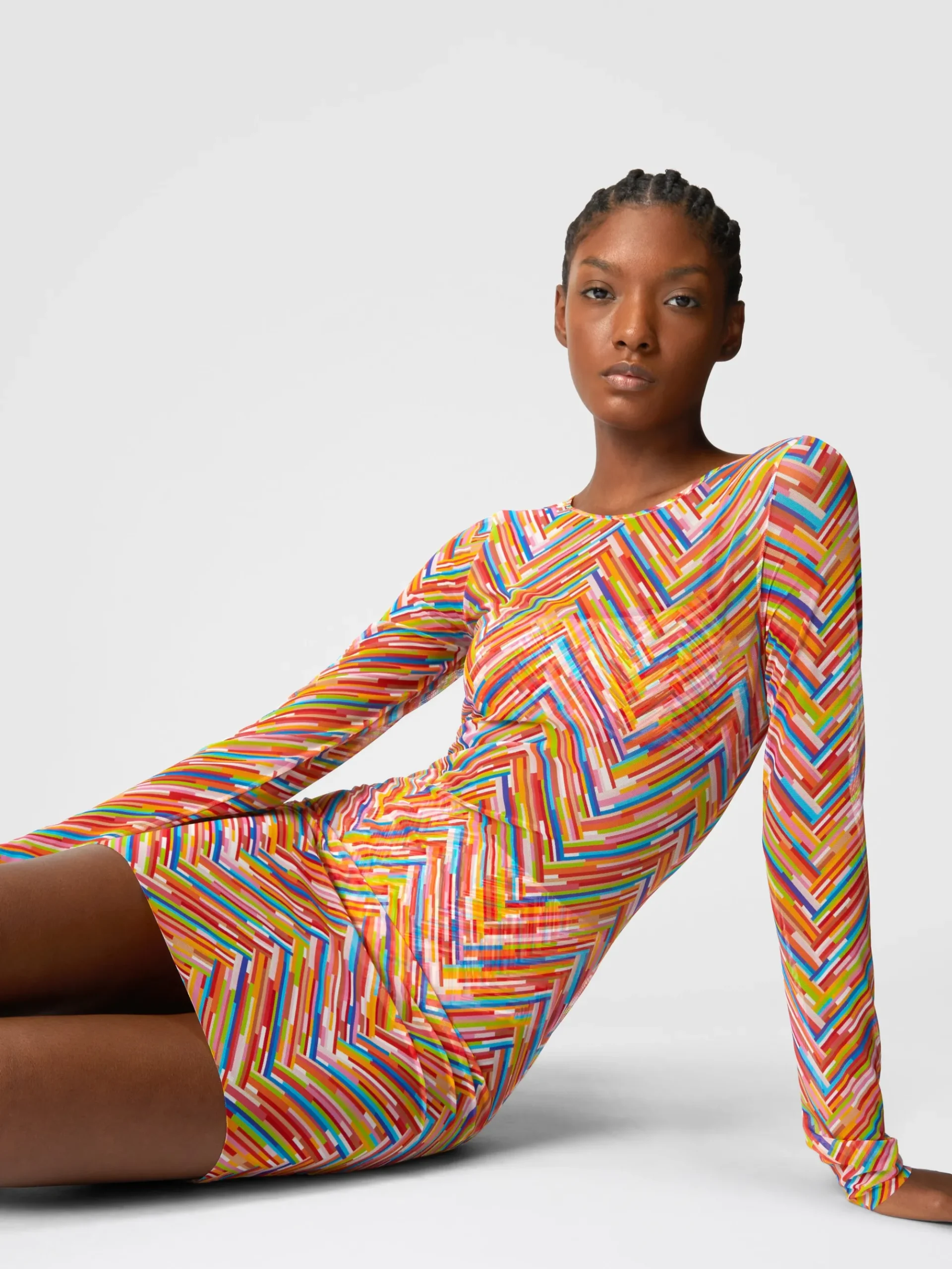 Long-sleeved dress in printed tulle