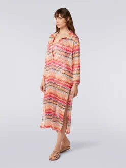 Long-sleeved long chevron viscose tulle cover up