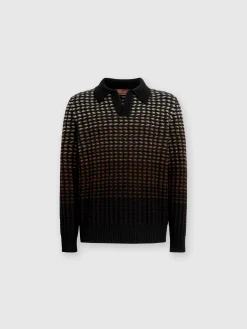 Long-sleeved polo shirt in textured virgin wool knit