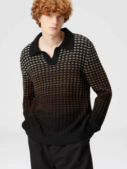 Long-sleeved polo shirt in textured virgin wool knit