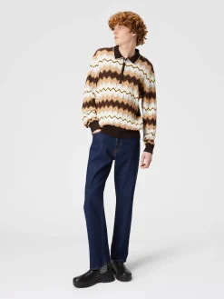Long-sleeved polo shirt in wool and zigzag cotton
