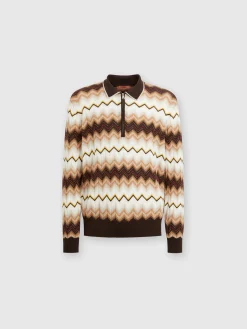 Long-sleeved polo shirt in wool and zigzag cotton