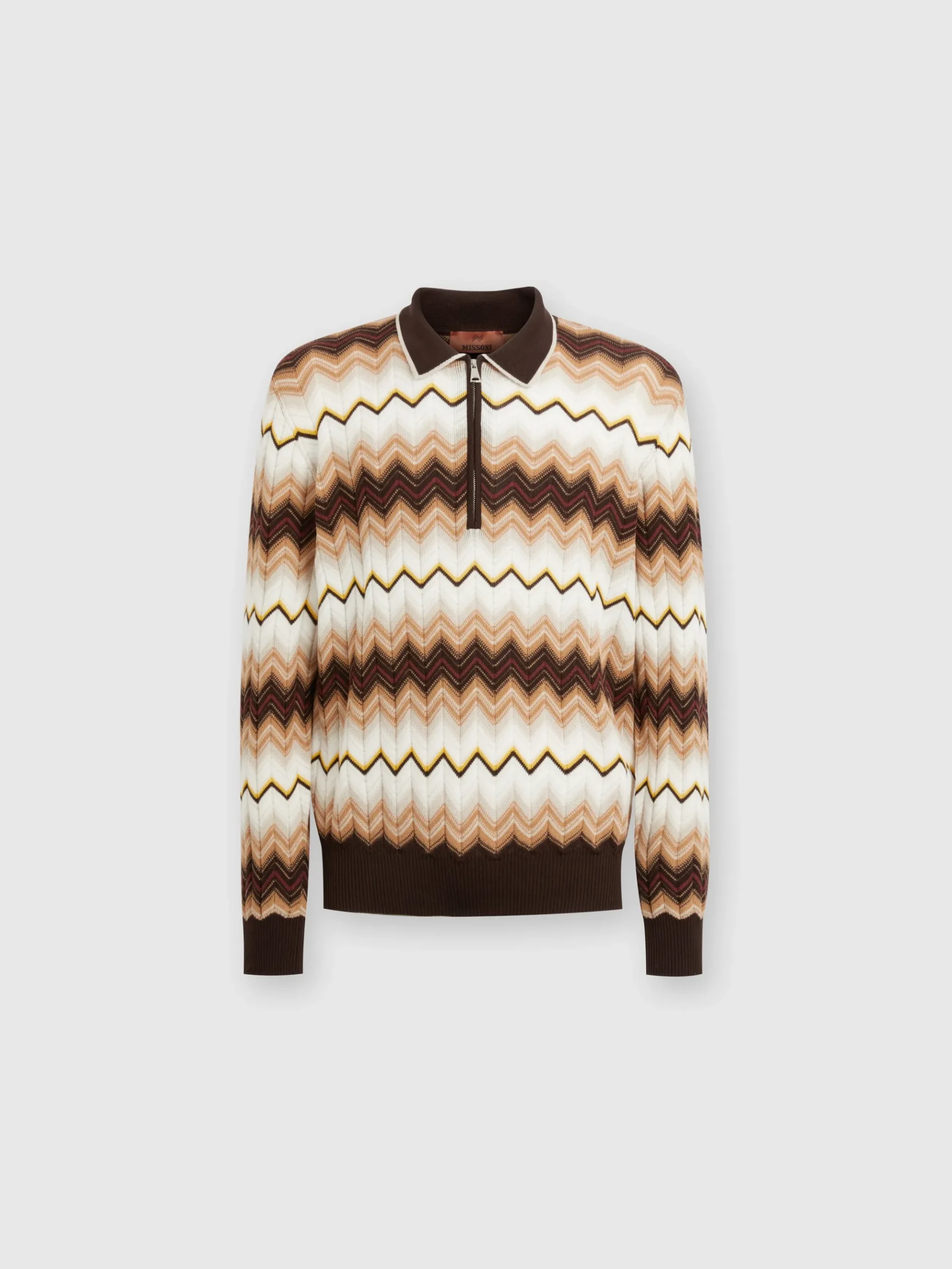 Long-sleeved polo shirt in wool and zigzag cotton