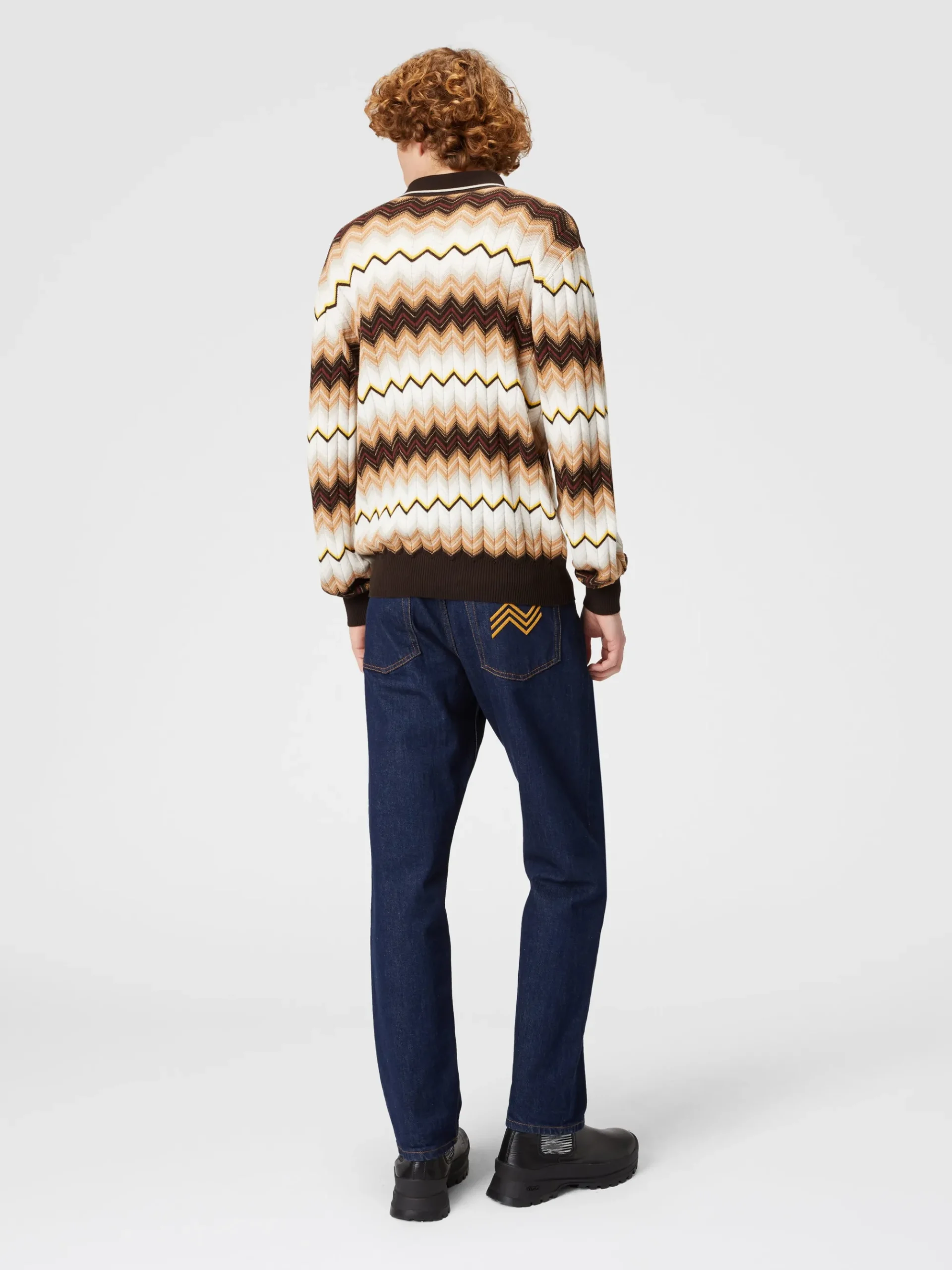 Long-sleeved polo shirt in wool and zigzag cotton
