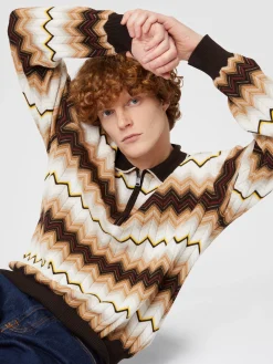 Long-sleeved polo shirt in wool and zigzag cotton