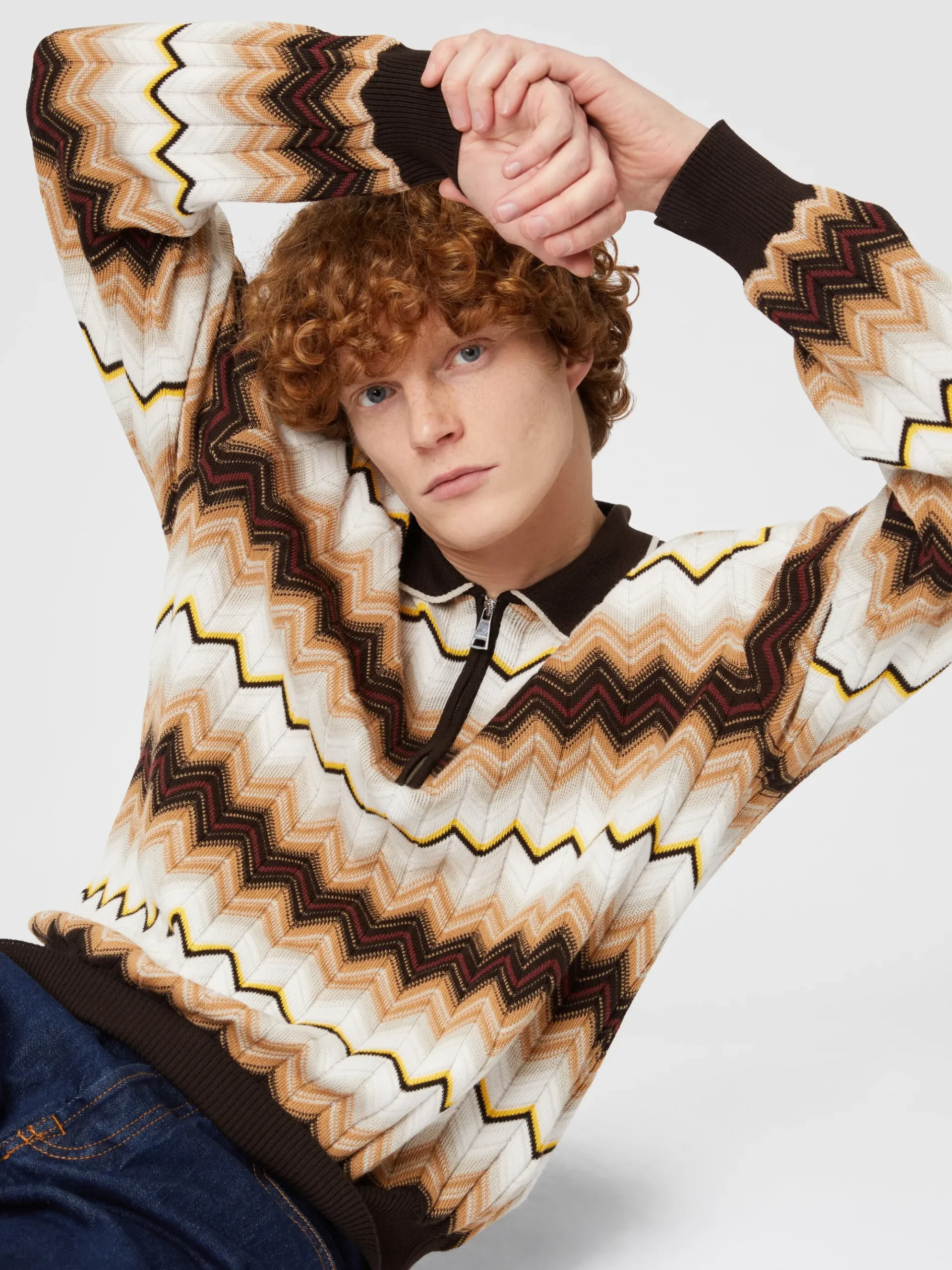 Long-sleeved polo shirt in wool and zigzag cotton