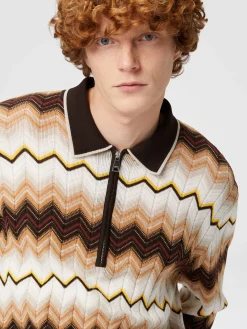 Long-sleeved polo shirt in wool and zigzag cotton