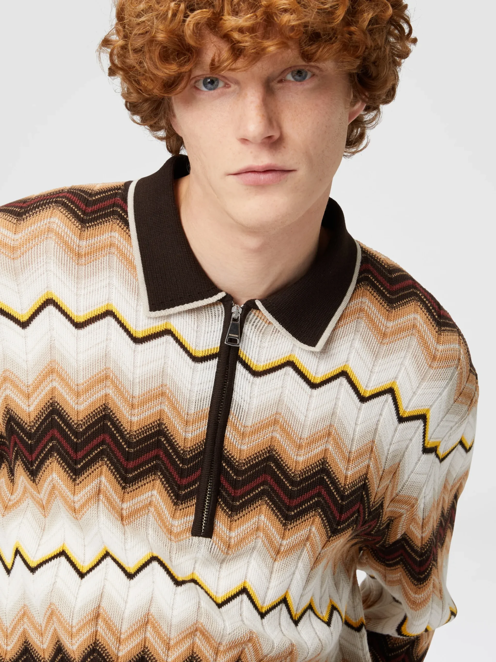 Long-sleeved polo shirt in wool and zigzag cotton