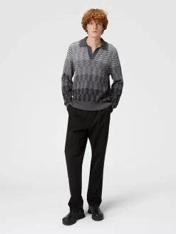 Long-sleeved polo shirt in zigzag virgin wool
