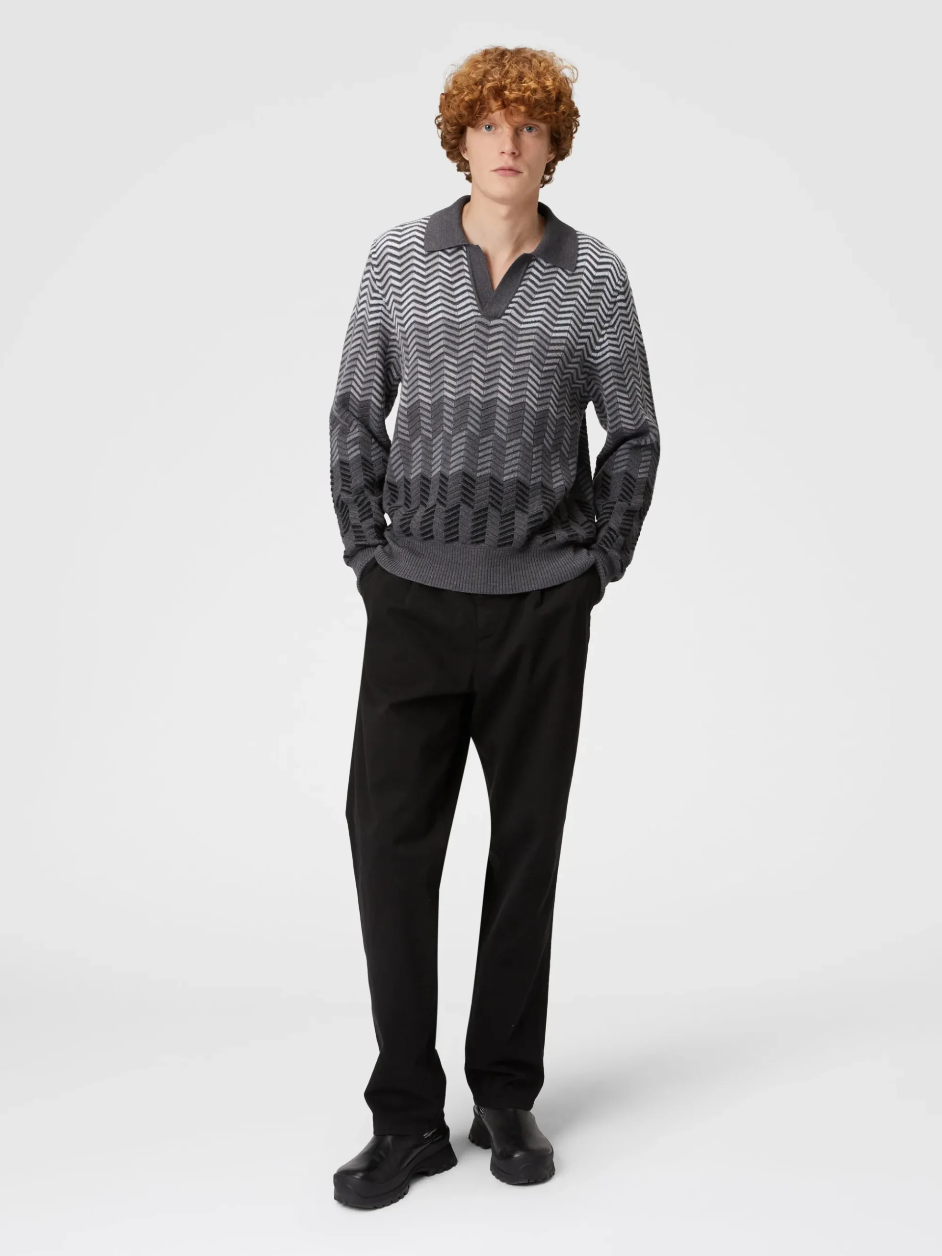 Long-sleeved polo shirt in zigzag virgin wool