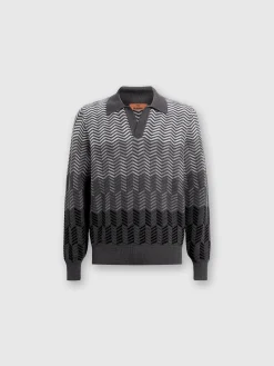 Long-sleeved polo shirt in zigzag virgin wool