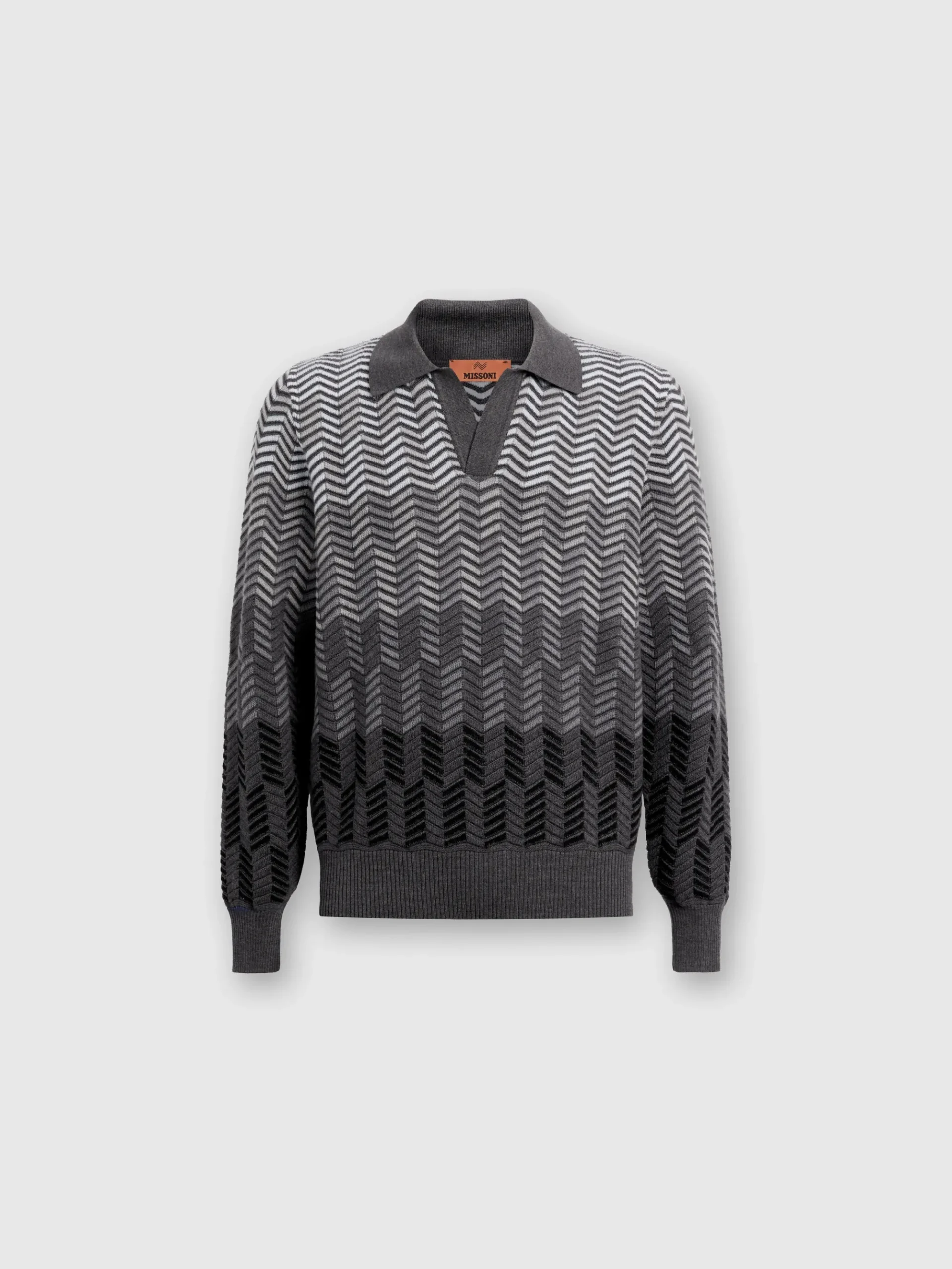 Long-sleeved polo shirt in zigzag virgin wool