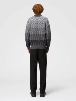 Long-sleeved polo shirt in zigzag virgin wool