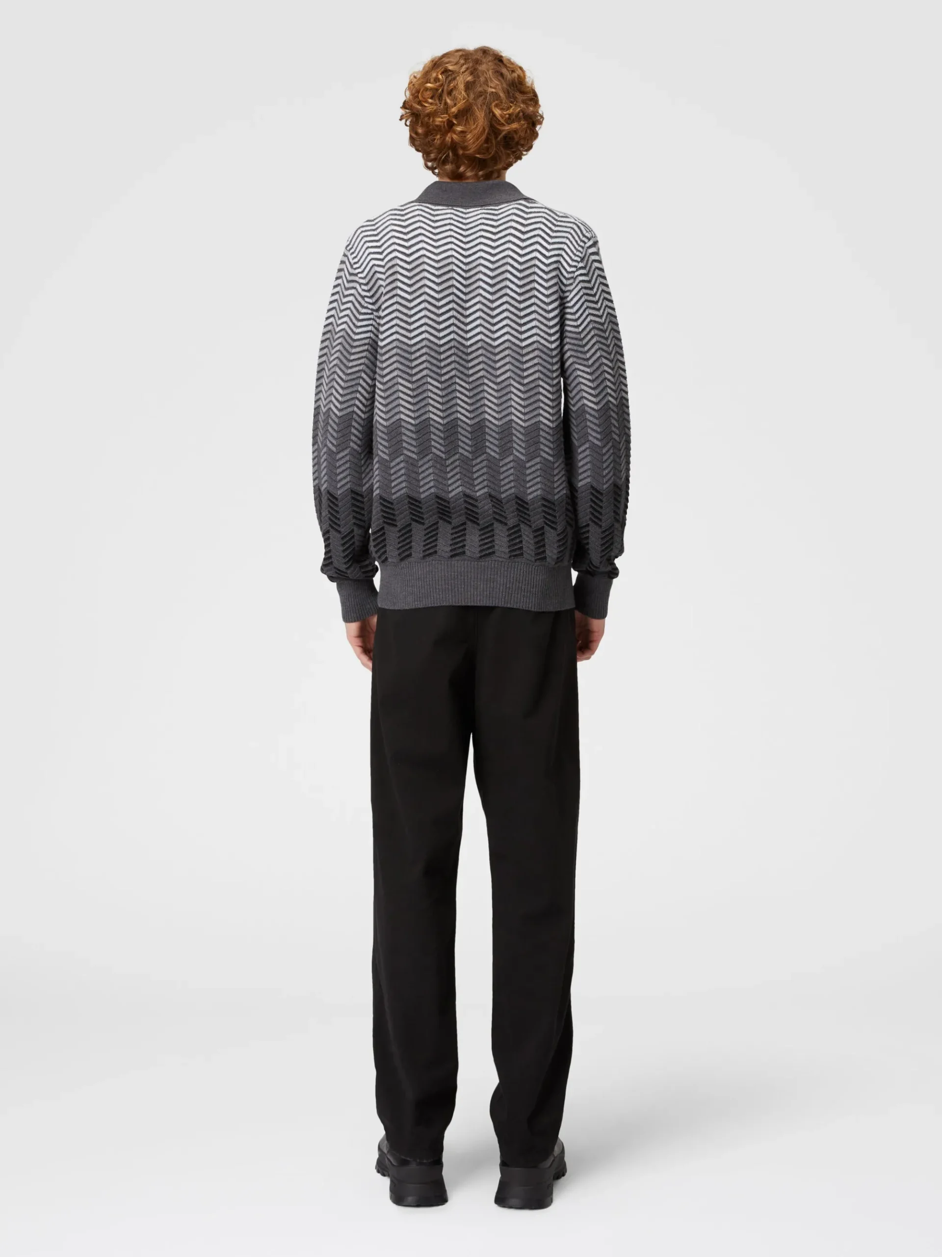 Long-sleeved polo shirt in zigzag virgin wool