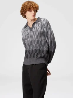 Long-sleeved polo shirt in zigzag virgin wool