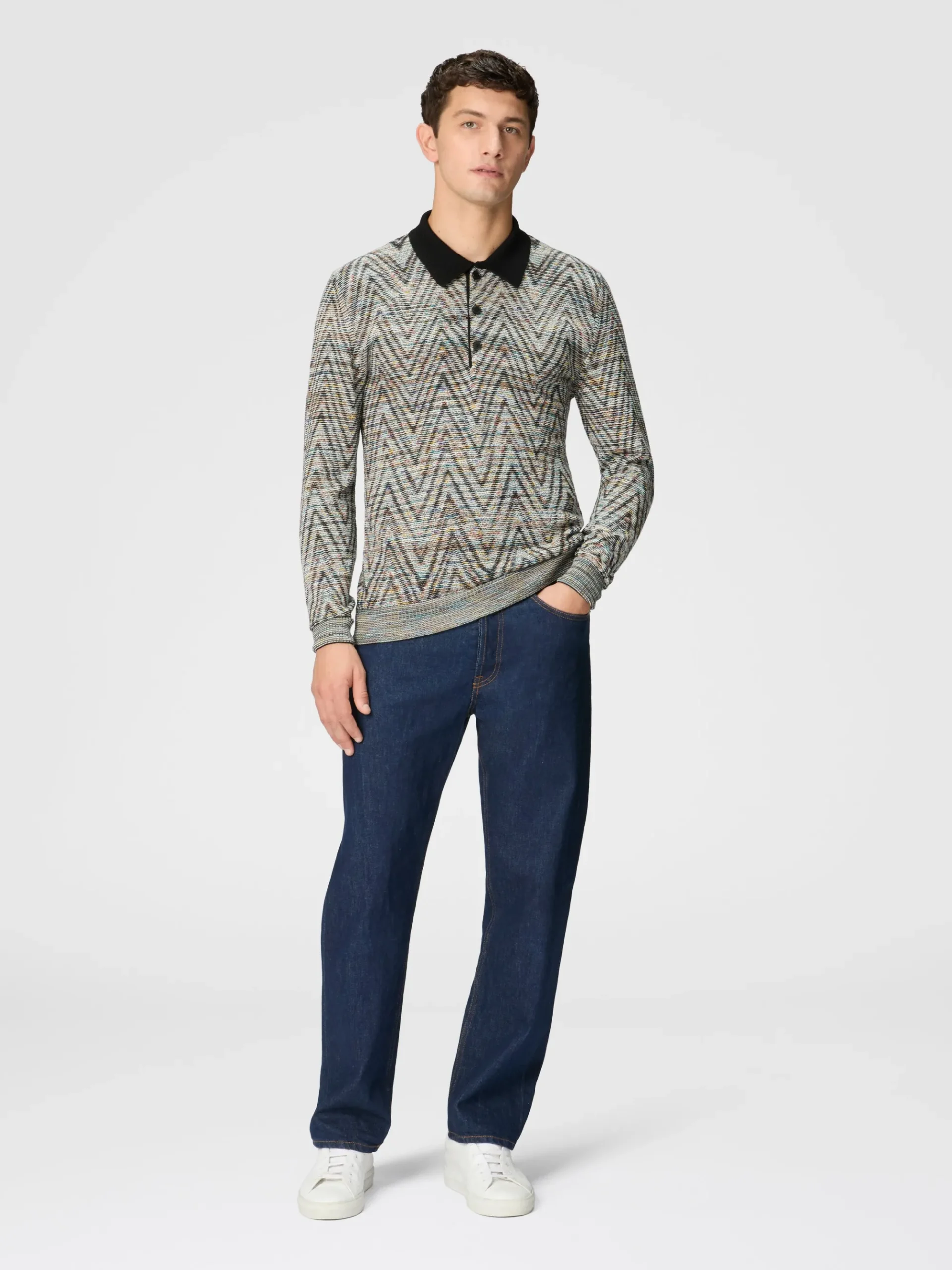 Long-sleeved polo shirt in slub pattern wool