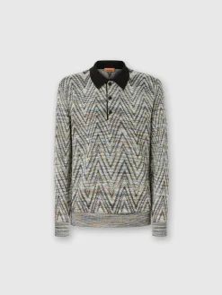 Long-sleeved polo shirt in slub pattern wool