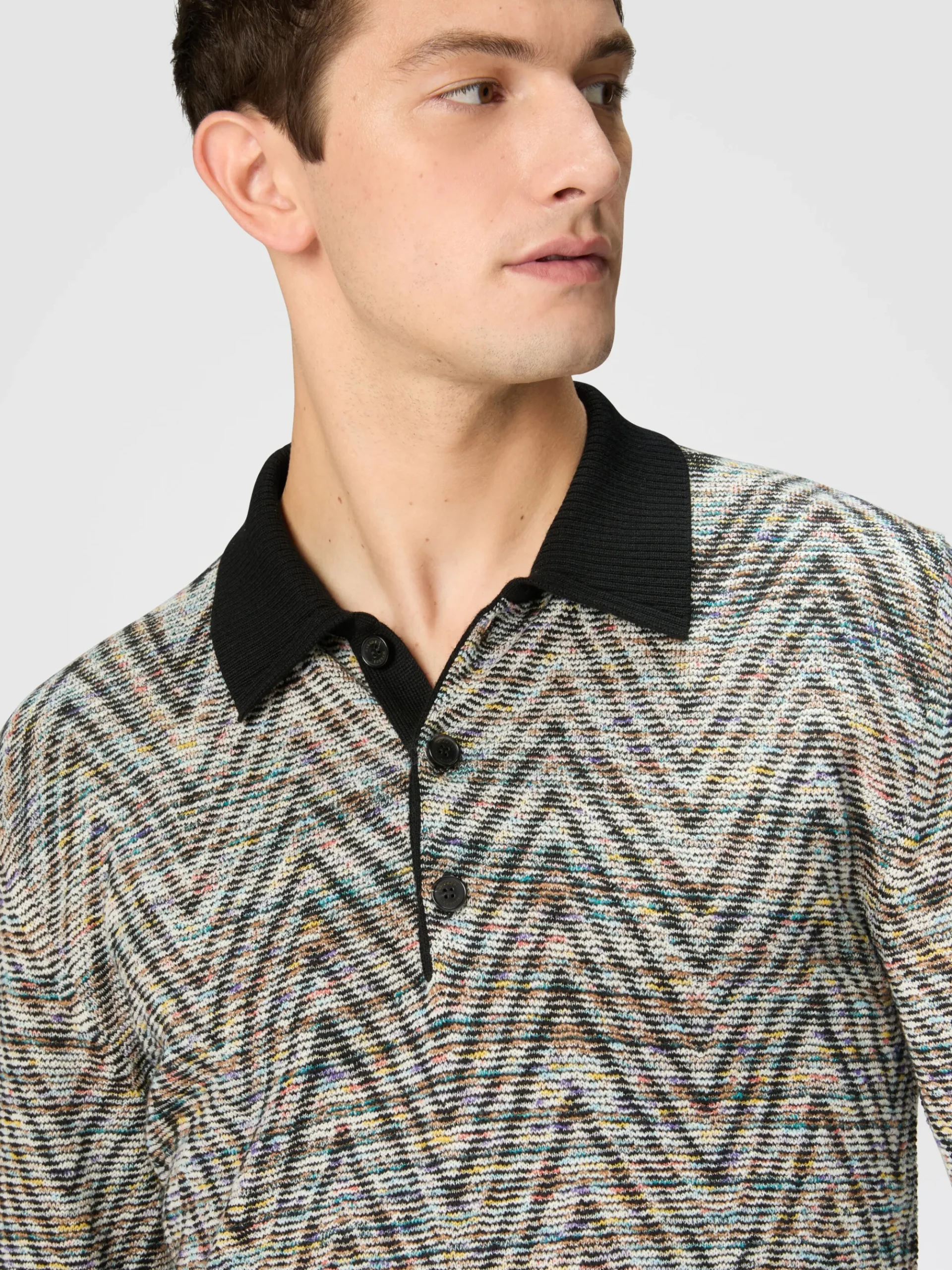Long-sleeved polo shirt in slub pattern wool