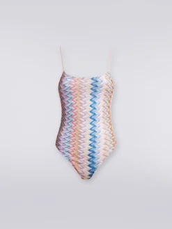 One-piece lamé swimming costume with thin adjustable straps
