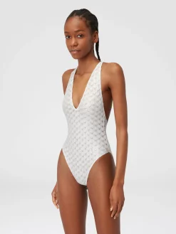 One-piece swimming costume in lace-effect viscose