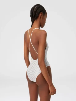 One-piece swimming costume in lace-effect viscose