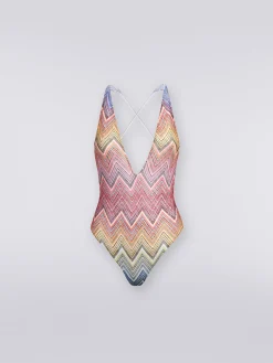 One-piece swimming costume in zigzag print fabric