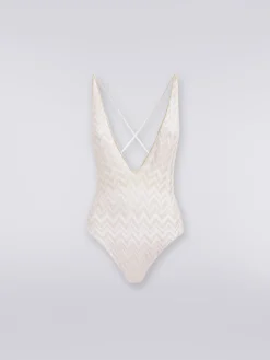 One-piece swimming costume with tone-on-tone lamé chevron