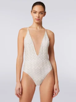One-piece swimming costume with tone-on-tone lamé chevron