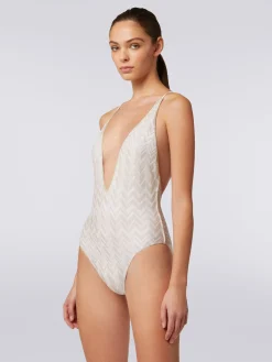 One-piece swimming costume with tone-on-tone lamé chevron