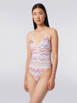 One-piece swimming costume in zigzag crochet with lurex