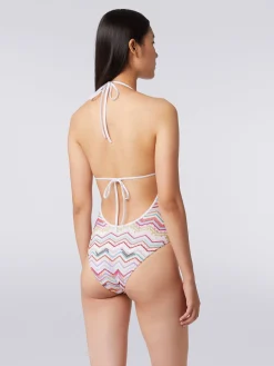 One-piece swimming costume in zigzag crochet with lurex