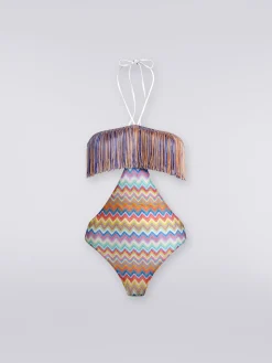 One-piece swimming costume with zigzag print and fringes