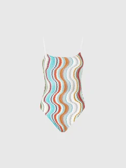 One-piece swimsuit with lamé wave pattern