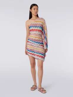 One-shoulder cover up dress in wave motif crochet