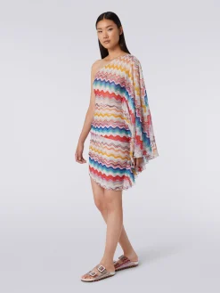 One-shoulder cover up dress in wave motif crochet