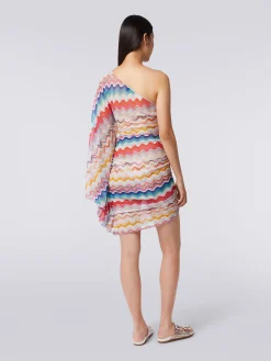 One-shoulder cover up dress in wave motif crochet